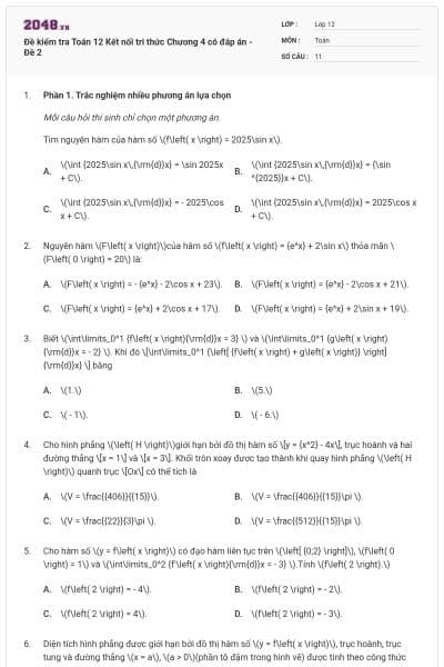 Đề kiểm tra Toán 12 Kết nối tri thức Chương 4 có đáp án - Đề 2