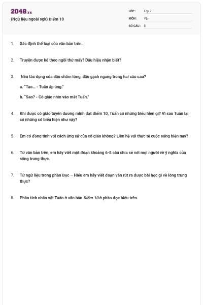 (Ngữ liệu ngoài sgk) Điểm 10