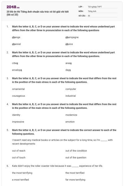 20 Đề ôn thi Tiếng Anh chuẩn cấu trúc có lời giải chi tiết (Đề số 20)