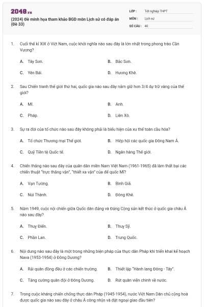 (2024) Đề minh họa tham khảo BGD môn Lịch sử có đáp án (Đề 33)