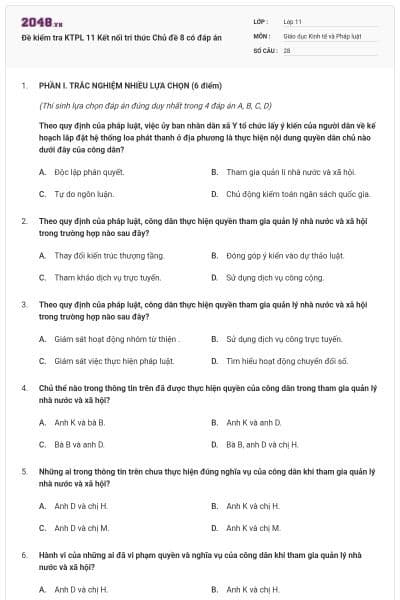 Đề kiểm tra KTPL 11 Kết nối tri thức Chủ đề 8 có đáp án