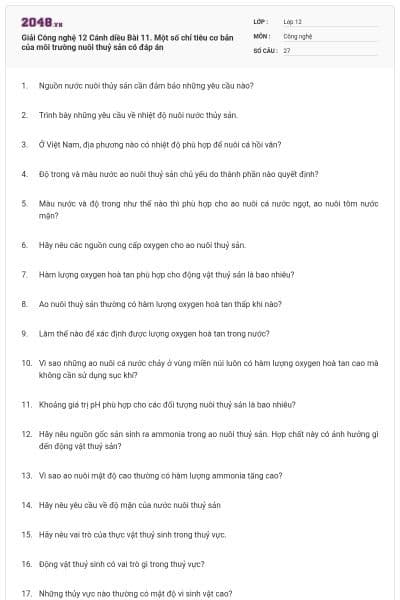Giải Công nghệ 12 Cánh diều Bài 11. Một số chỉ tiêu cơ bản của môi trường nuôi thuỷ sản có đáp án