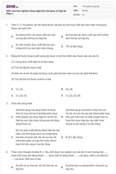 400+ câu trắc nghiệm Công nghệ bào chế dược có đáp án - Phần 1