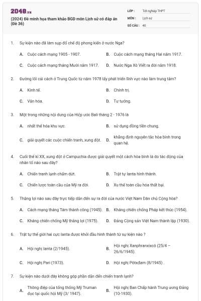 (2024) Đề minh họa tham khảo BGD môn Lịch sử có đáp án (Đề 36)