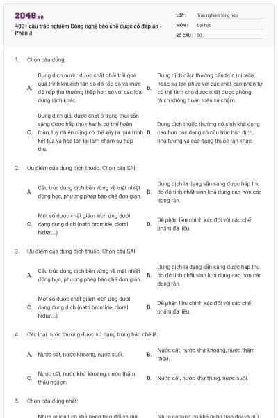 400+ câu trắc nghiệm Công nghệ bào chế dược có đáp án - Phần 3