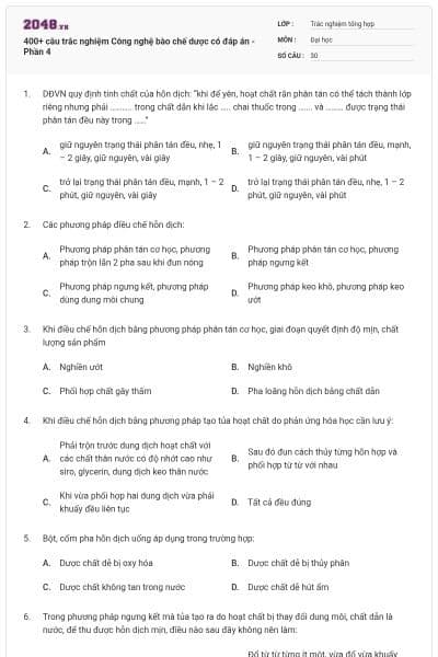 400+ câu trắc nghiệm Công nghệ bào chế dược có đáp án - Phần 4