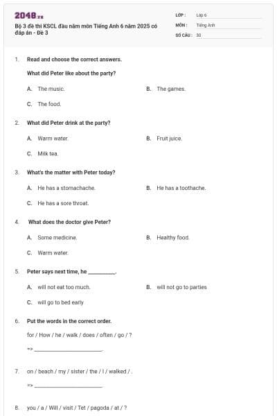 Bộ 3 đề thi KSCL đầu năm môn Tiếng Anh 6 năm 2025 có đáp án - Đề 3