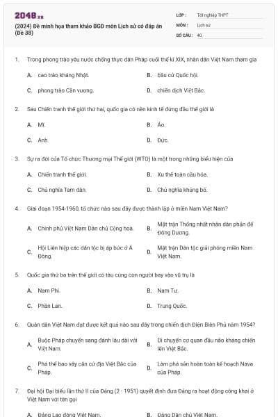 (2024) Đề minh họa tham khảo BGD môn Lịch sử có đáp án (Đề 38)