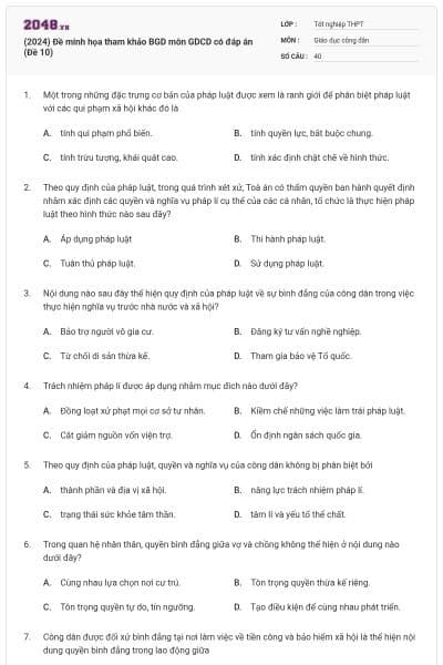 (2024) Đề minh họa tham khảo BGD môn GDCD có đáp án (Đề 10)