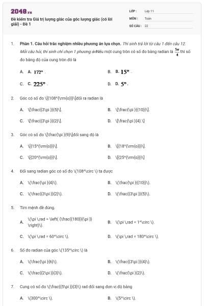 Đề kiểm tra Giá trị lượng giác của góc lượng giác (có lời giải) - Đề 1