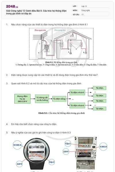 Giải Công nghệ 12 Cánh diều Bài 8. Cấu trúc hệ thống điện trong gia đình có đáp án