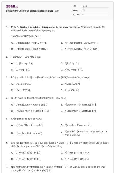 Đề kiểm tra Công thức lượng giác (có lời giải) - Đề 1