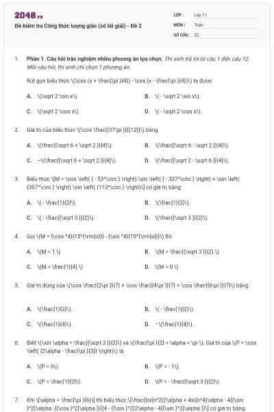 Đề kiểm tra Công thức lượng giác (có lời giải) - Đề 2