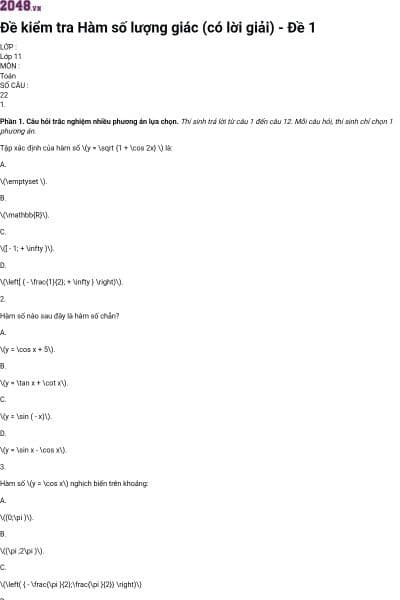 Đề kiểm tra Hàm số lượng giác (có lời giải) - Đề 1