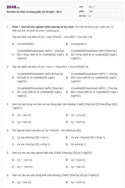 Đề kiểm tra Hàm số lượng giác (có lời giải) - Đề 2