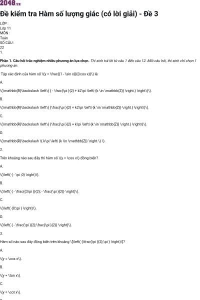Đề kiểm tra Hàm số lượng giác (có lời giải) - Đề 3