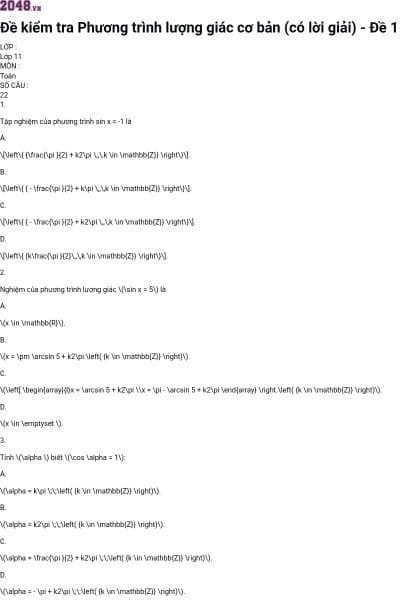 Đề kiểm tra Phương trình lượng giác cơ bản (có lời giải) - Đề 1