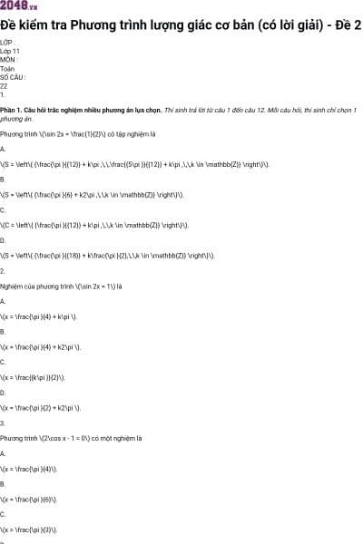 Đề kiểm tra Phương trình lượng giác cơ bản (có lời giải) - Đề 2