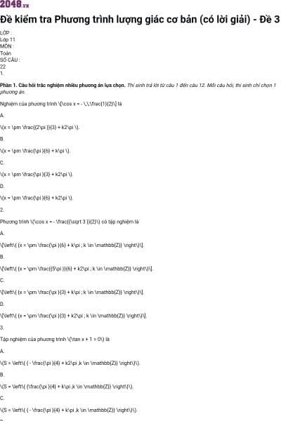 Đề kiểm tra Phương trình lượng giác cơ bản (có lời giải) - Đề 3