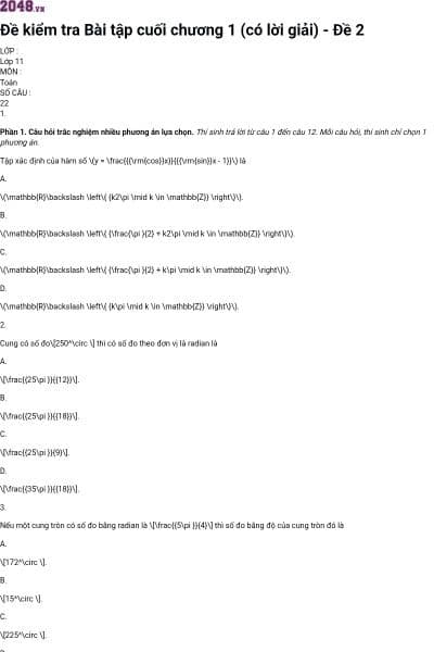 Đề kiểm tra Bài tập cuối chương 1 (có lời giải) - Đề 2