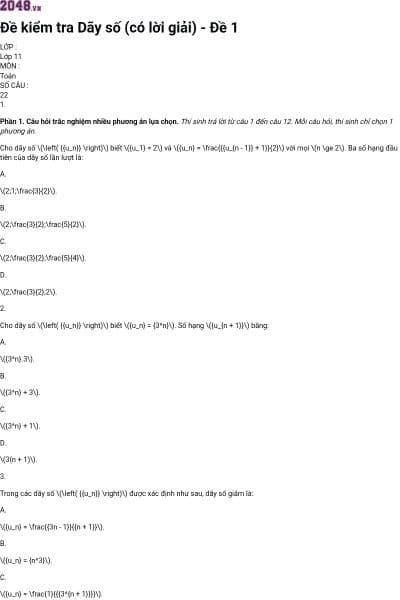 Đề kiểm tra Dãy số (có lời giải) - Đề 1