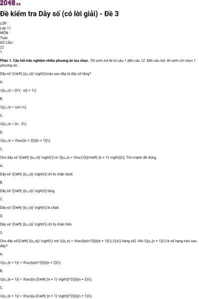 Đề kiểm tra Dãy số (có lời giải) - Đề 3