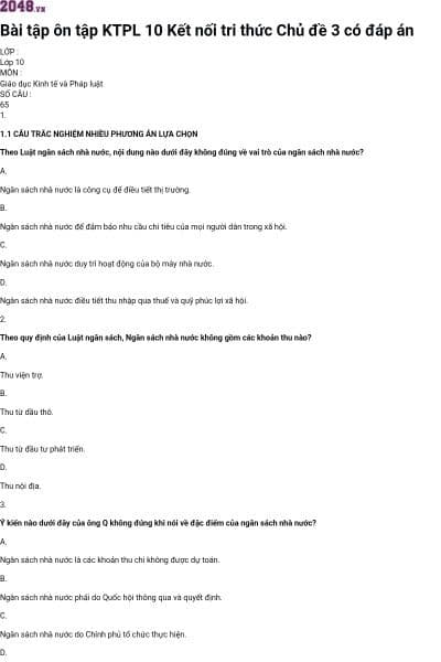 Bài tập ôn tập KTPL 10 Kết nối tri thức Chủ đề 3 có đáp án