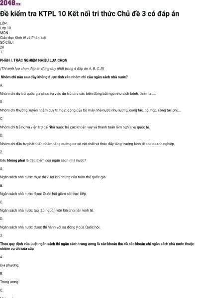 Đề kiểm tra KTPL 10 Kết nối tri thức Chủ đề 3 có đáp án