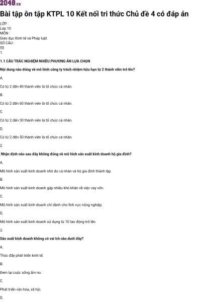 Bài tập ôn tập KTPL 10 Kết nối tri thức Chủ đề 4 có đáp án