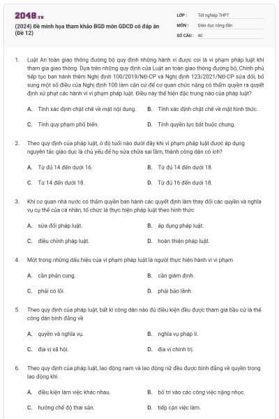 (2024) Đề minh họa tham khảo BGD môn GDCD có đáp án (Đề 12)