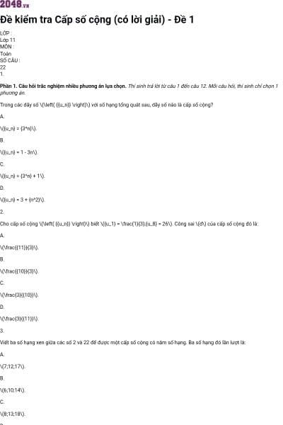 Đề kiểm tra Cấp số cộng (có lời giải) - Đề 1