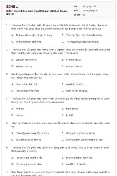 (2024) Đề minh họa tham khảo BGD môn GDCD có đáp án (Đề 15)