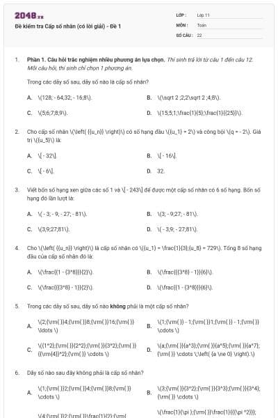 Đề kiểm tra Cấp số nhân (có lời giải) - Đề 1