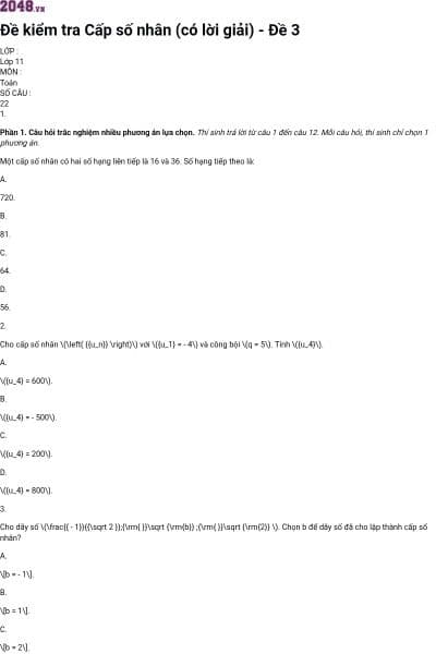 Đề kiểm tra Cấp số nhân (có lời giải) - Đề 3