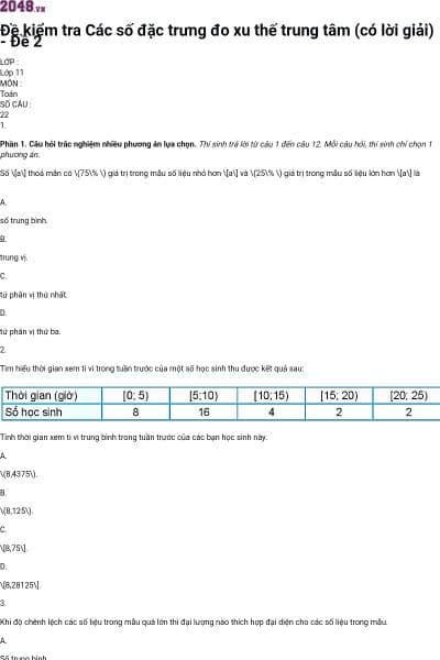 Đề kiểm tra Các số đặc trưng đo xu thế trung tâm (có lời giải) - Đề 2