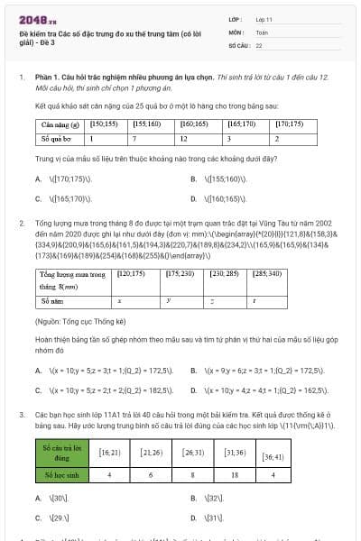 Đề kiểm tra Các số đặc trưng đo xu thế trung tâm (có lời giải) - Đề 3