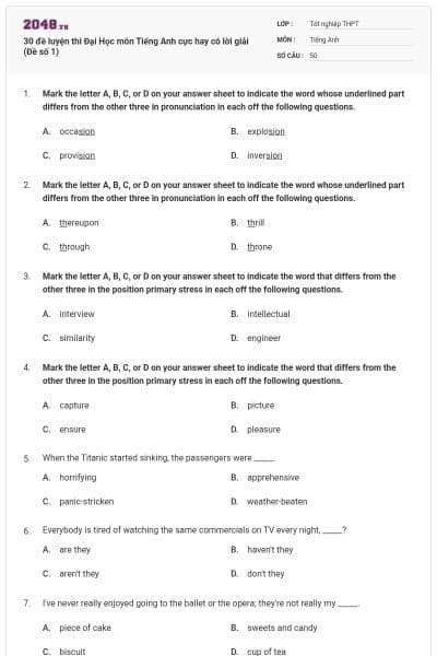30 đề luyện thi Đại Học môn Tiếng Anh cực hay có lời giải (Đề số 1)
