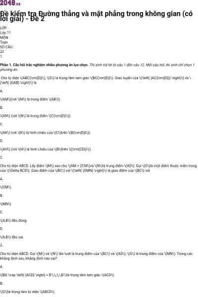 Đề kiểm tra Đường thẳng và mặt phẳng trong không gian (có lời giải) - Đề 2