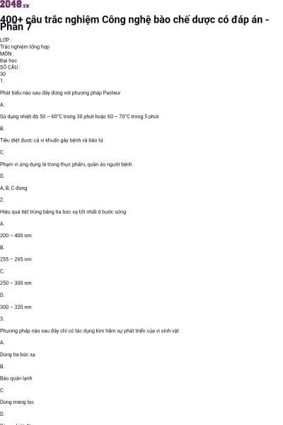 400+ câu trắc nghiệm Công nghệ bào chế dược có đáp án - Phần 7