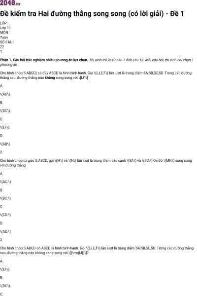 Đề kiểm tra Hai đường thẳng song song (có lời giải) - Đề 1
