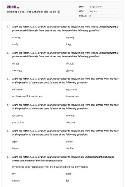 Tổng hợp đề thi Tiếng Anh có lời giải (Đề số 18)