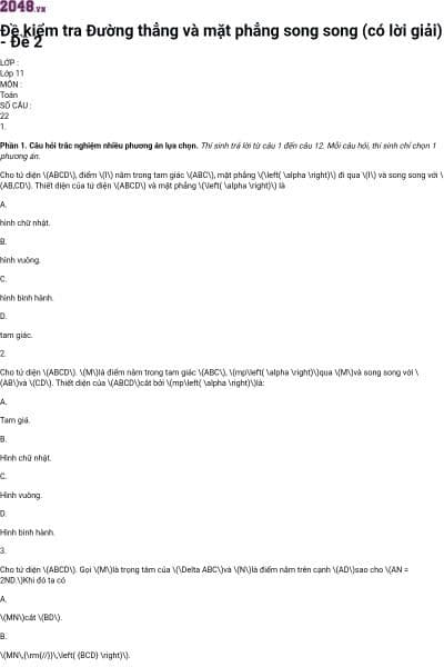 Đề kiểm tra Đường thẳng và mặt phẳng song song (có lời giải) - Đề 2
