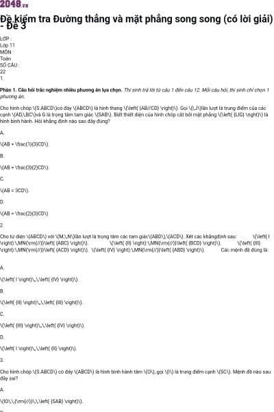 Đề kiểm tra Đường thẳng và mặt phẳng song song (có lời giải) - Đề 3