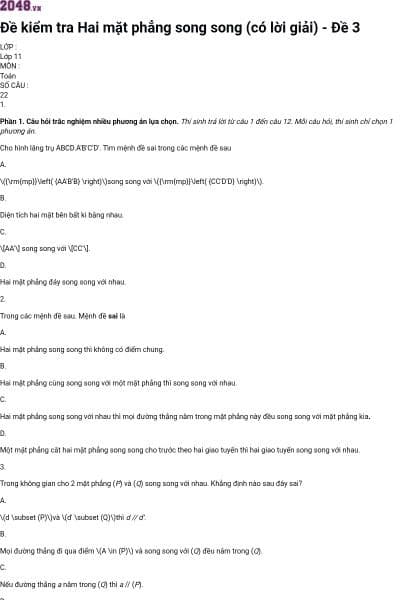 Đề kiểm tra Hai mặt phẳng song song (có lời giải) - Đề 3