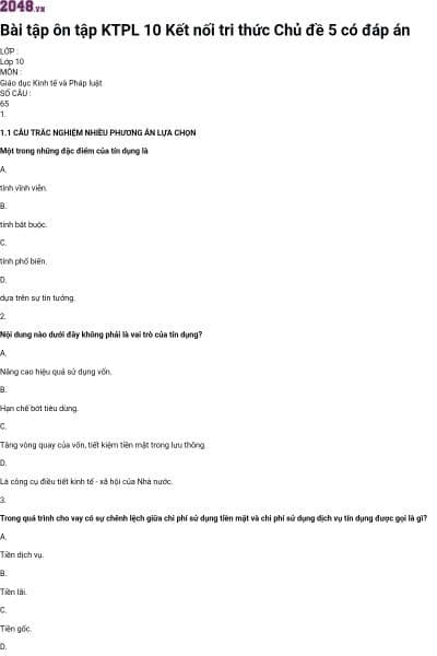 Bài tập ôn tập KTPL 10 Kết nối tri thức Chủ đề 5 có đáp án