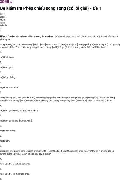Đề kiểm tra Phép chiếu song song (có lời giải) - Đề 1