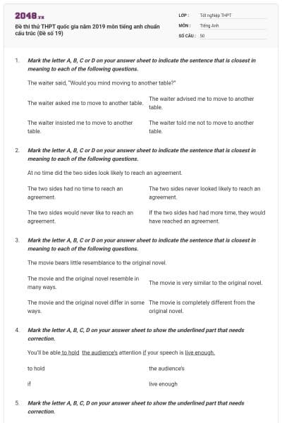 Đề thi thử THPT quốc gia năm 2019 môn tiếng anh chuẩn cấu trúc (Đề số 19)