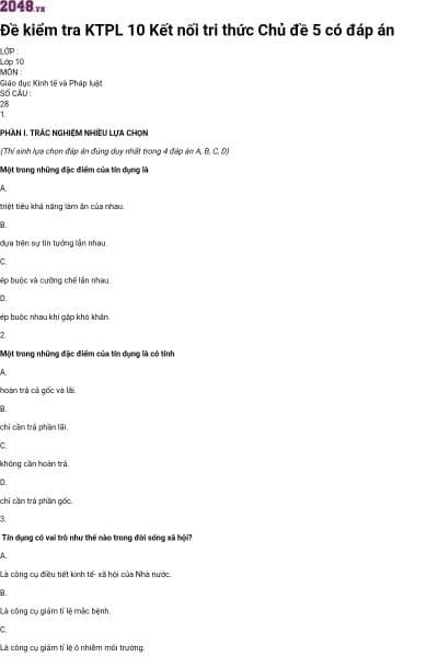 Đề kiểm tra KTPL 10 Kết nối tri thức Chủ đề 5 có đáp án