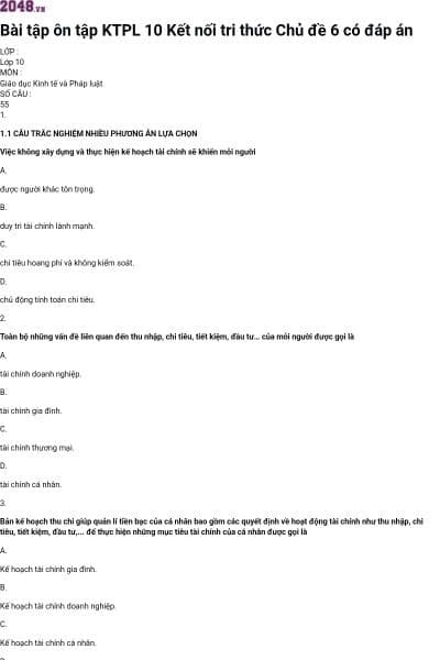 Bài tập ôn tập KTPL 10 Kết nối tri thức Chủ đề 6 có đáp án
