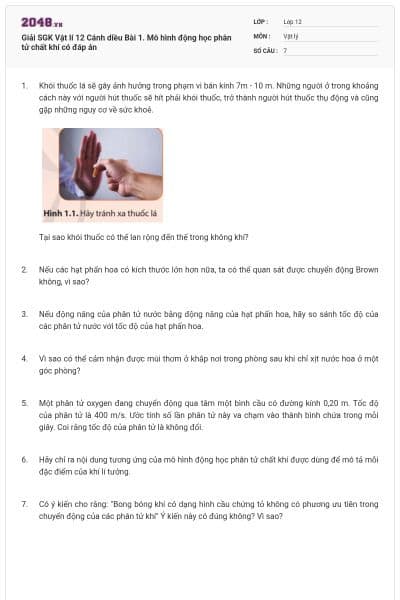 Giải SGK Vật lí 12 Cánh diều Bài 1. Mô hình động học phân tử chất khí có đáp án